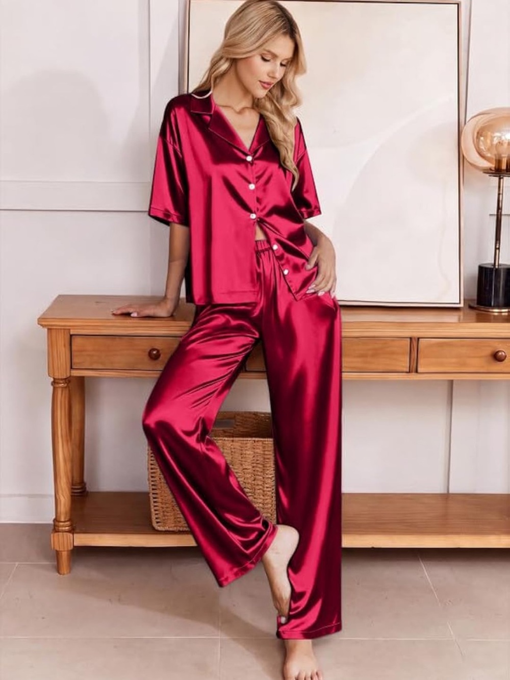 Amazon Satin Short-Sleeve Pajama Set - Burgundy